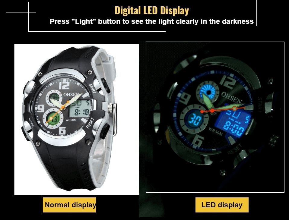 Digital Quartz Unisex Wristwatch with Fashion Silicone Band showing normal and LED display features.